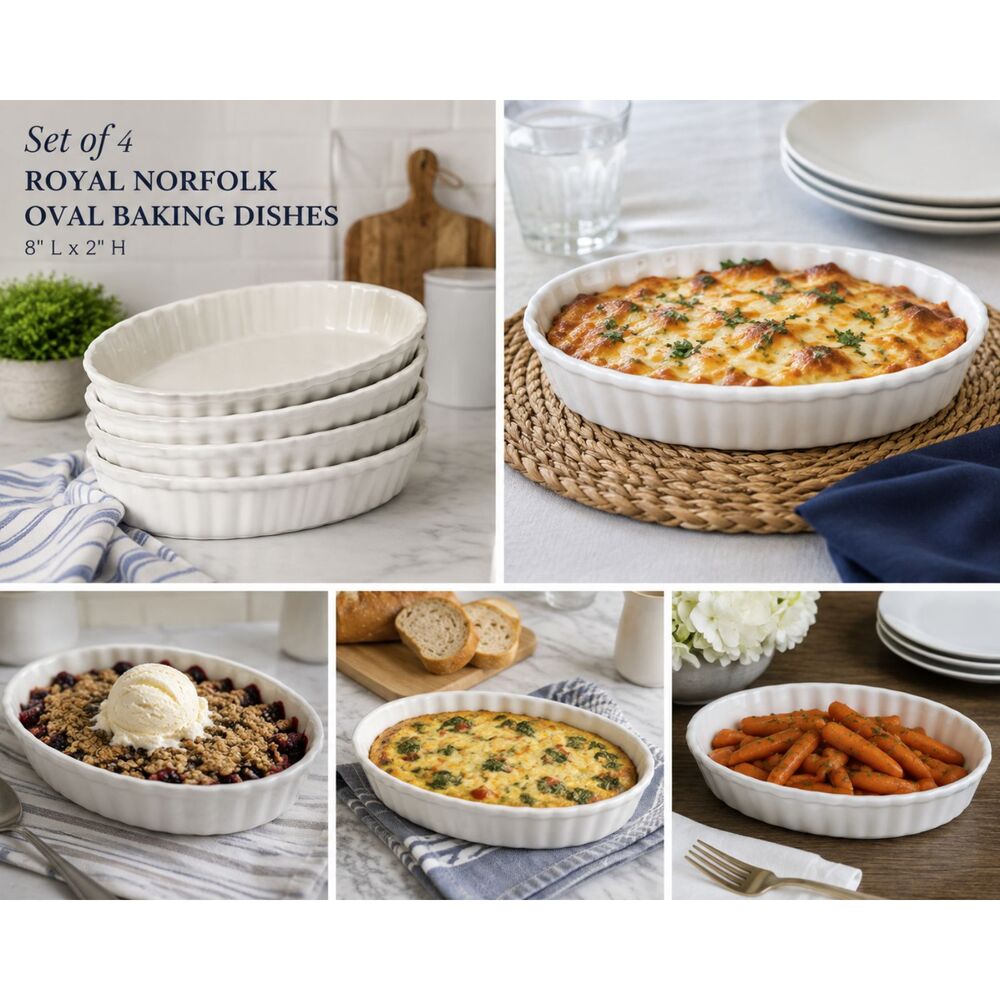 Set of 4 Royal Norfolk White Oval Baking Dishes 8x2 Fluted Stoneware